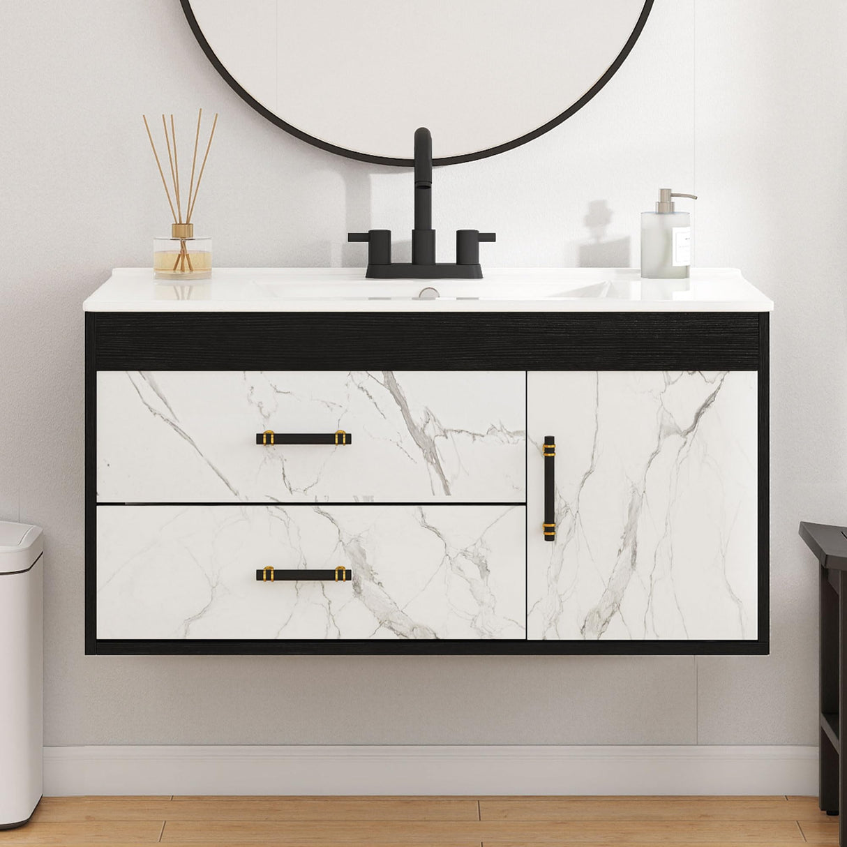 YITAHOME 36 Floating Vanity with Sink, Wall Mounted Bathroom Cabinet Vanity with Soft-Close System Cabinet, Marble Pattern, 2 Drawers & Pre-drilled Three Holes YITAHOME