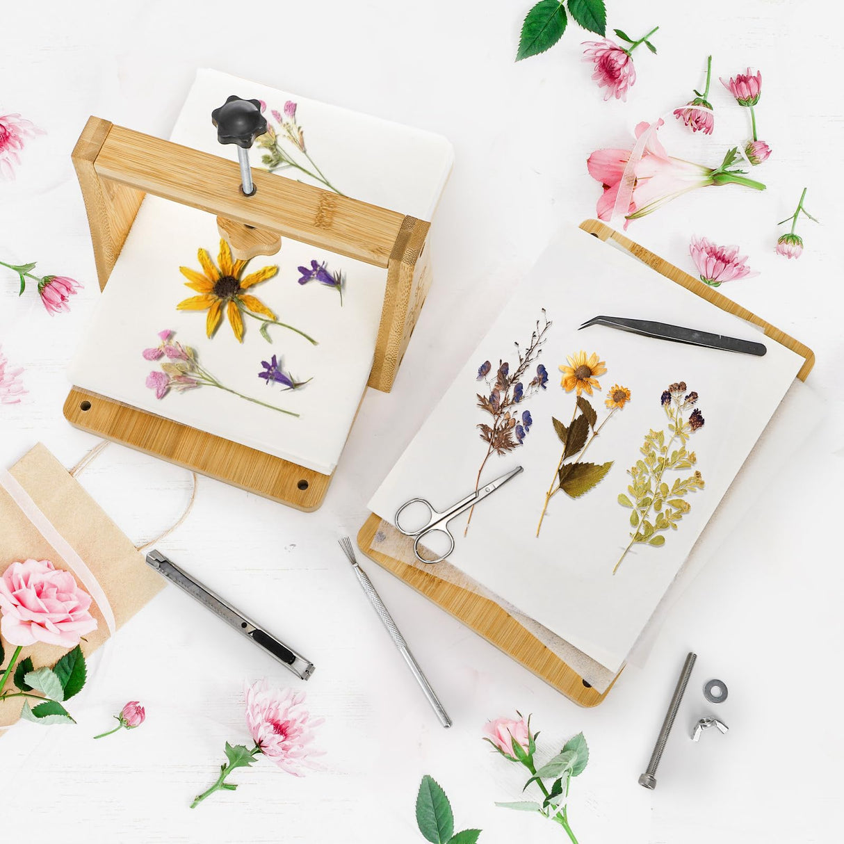 Pumtus Large Flower Press Kit, 6 Layers 11" x 7" Leaf Plant Preservation Kits, Even Pressure DIY Bamboo Floral Pressing Kit, Easy Pressed Arts and Craft Tool for Wedding Flower Preserve, DIY Lovers Pumtus