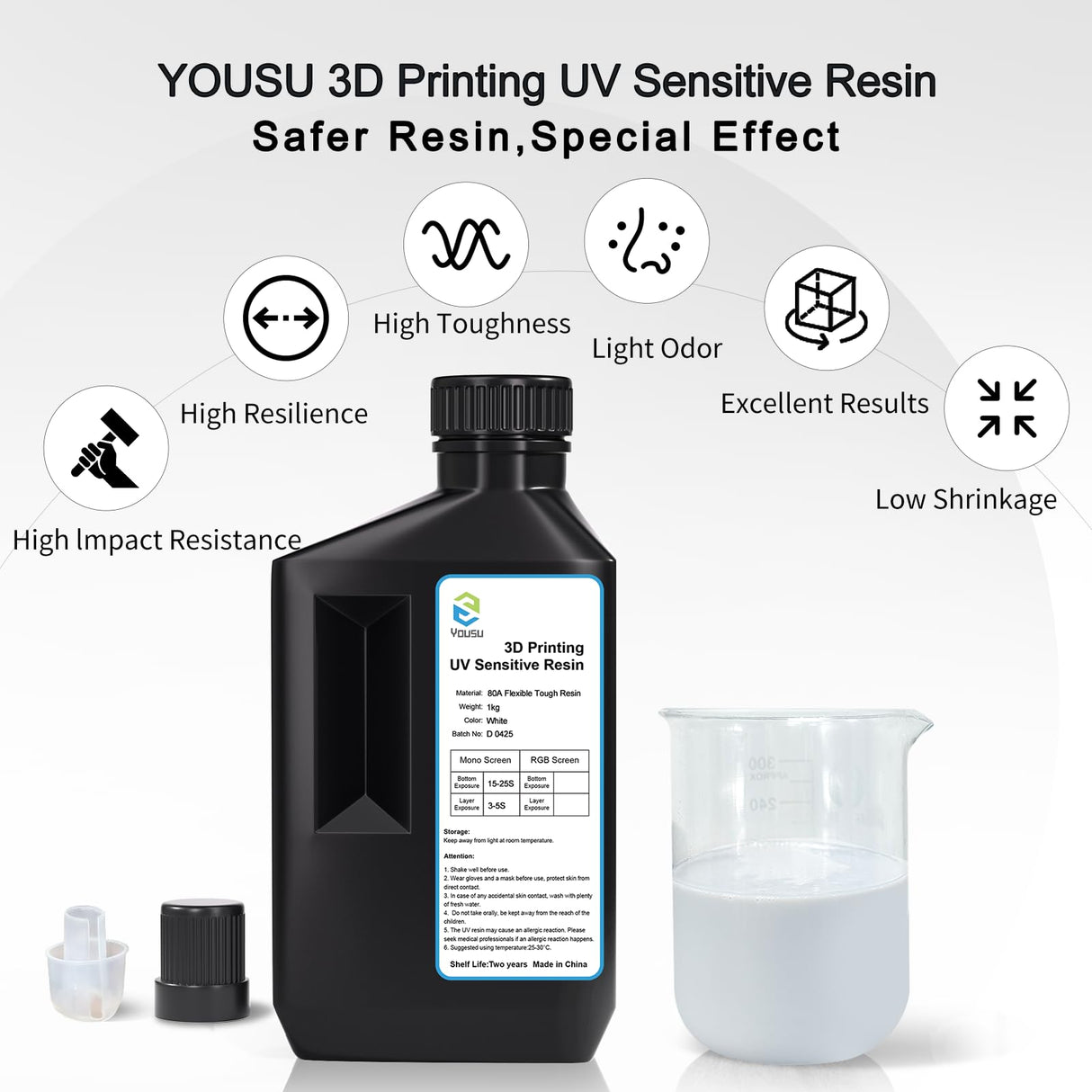 YOUSU Flexible Tough (Shore 80A) 3D Printer Resin,Soft Rubber/TPU Like 3D Printing Resin,High Elongation 405nm Fast UV-Curing Photopolymer Resin for LCD Printer,White 1000g Yousu