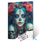 Tucocoo Day of The Dead Blue Hair Woman Sugar Skull Paint by Numbers Fantasy Art Floral Skulls Roses Paint by Number Kit for Adult, with Brushes and Acrylic Pigment 16''W X 20''H （Without Frame） Tucocoo