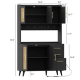 Rovaurx 70.9" Kitchen Pantry Cabinet with Microwave Shelf, Rattan Freestanding Storage Cabinet with Charging Station, Sideboard Buffet Cabinet with Drawers and Doors, Black and Natural KBG002BME Rovaurx