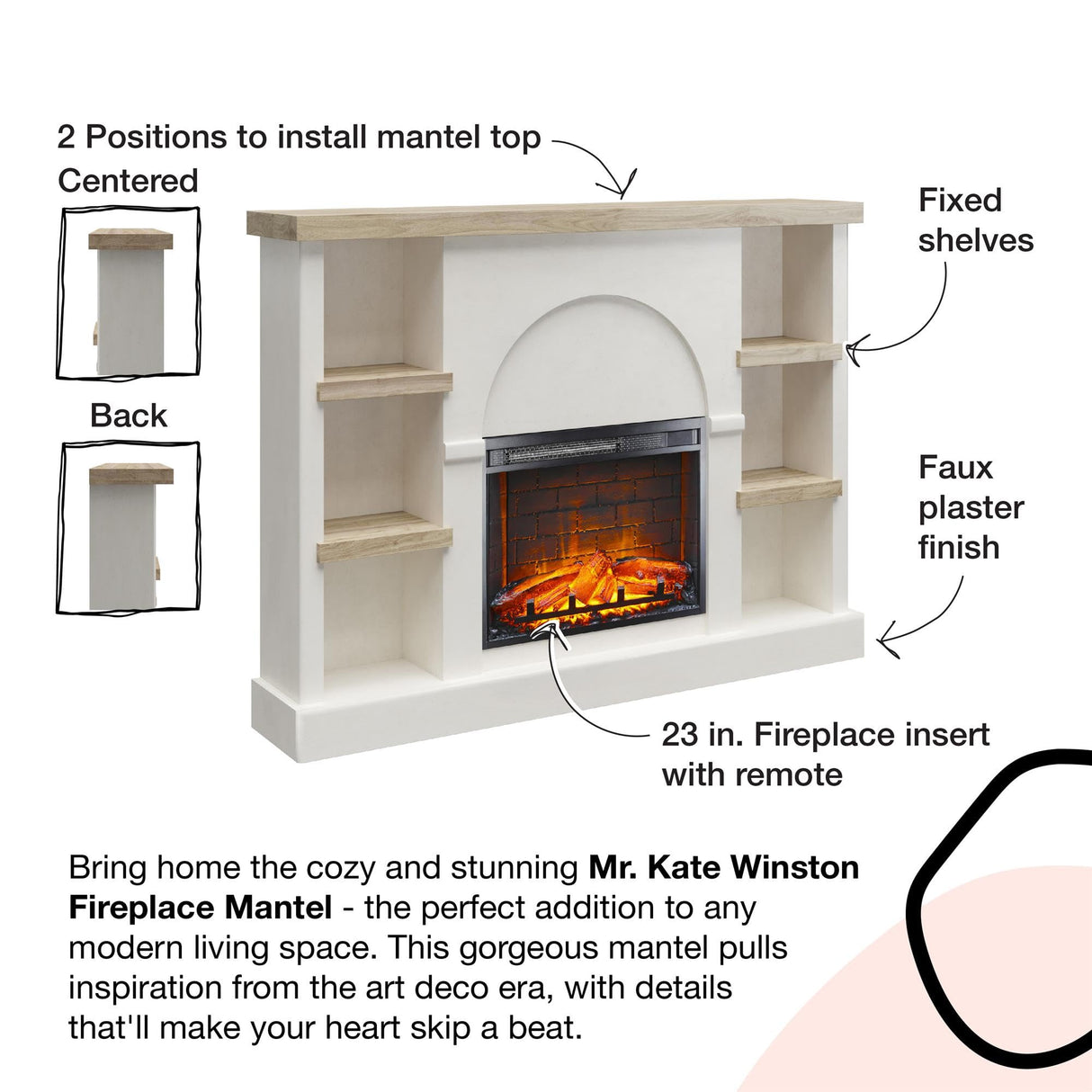 Mr. Kate Winston 56 Inch Electric Fireplace with Mantel, Replaceable Fireplace Insert Heater, Shelves, Remote Control, Timer, Realistic Log and Flame Effect, for Living Room or Bedroom, Plaster Mr. Kate