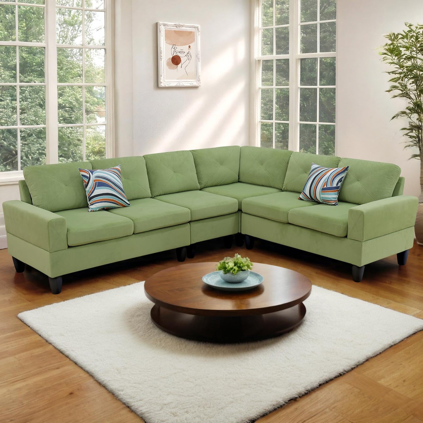 Rovibek L Shaped Sofa Couch U Shaped Sectional Corner Sofa Modular Sectional Couch 6-Seater Furniture Sets for Living Room, Green