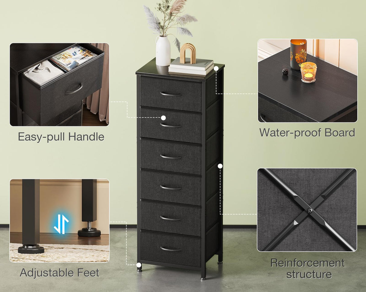 AODK Tall Dresser for Bedroom, Storage Dresser Organizer with 6 Fabric Drawers, Dressers Chests of Drawers, Fabric Dresser with Sturdy Steel Frame for Closet Storage, Hallway, Black AODK