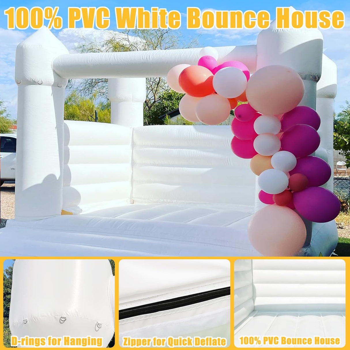 Inflatable White Bounce House Castle, 13x13x10ft Large Jumper PVC Bouncy House with Blower for Toddler Kids and Adults Indoor or Outdoor Wedding Birthday Party ZAFIED
