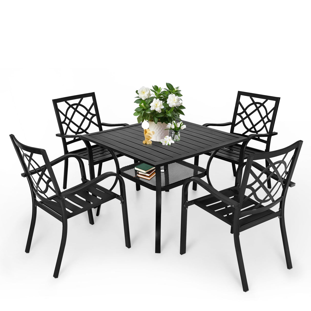 SUNCROWN 5-Piece Outdoor Wrought Iron Chairs and Table Patio Dining Furniture Set - 4 Stackable Metal Chairs, 1 Steel Slat Bistro Table for Garden Backyard Deck SUNCROWN