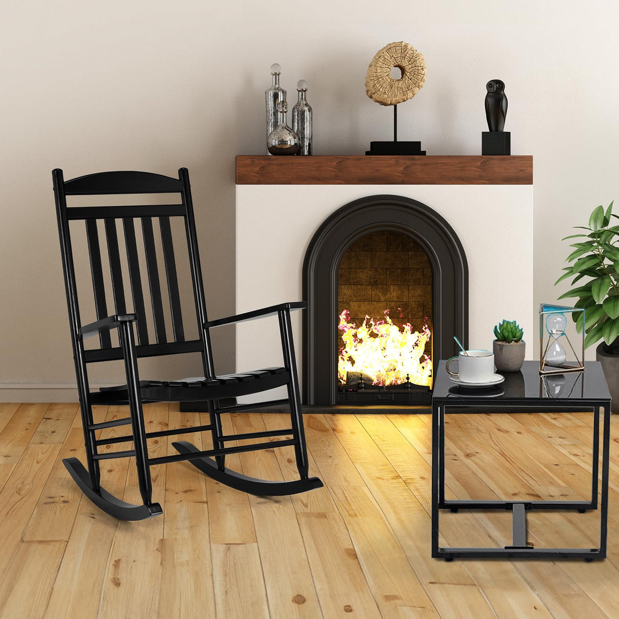 MAMIZO Soild Wood Outdoor Rocking Chair with High Back, Porch Rocking Chairs Oversized Easy to Assemble for Porch Garden, Lawn, Balcony, Backyard, Wooden Rocking Chair Outdoor and Indoor (Black) MAMIZO