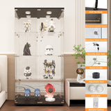 LFT HUIMEI2Y Glass Display Cabinet 4-Shelf with Light,Mirror and Lock, 2 Door Curio Cabinets, 5mm Tempered Glass Floor Standing Bookshelf for Bedroom, Living Room, Black LFT HUIMEI2Y