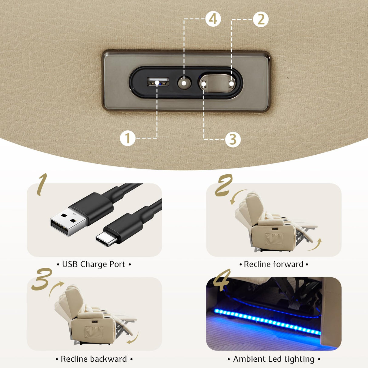 SAMERY Power Loveseat Recliner Sofa with Adjustable Split Back, Multi-Port Charger, Flip-Up Backrest & LED Lighting - Home Theater Seating with Storage, Cup Holders, Beige Fabric Loveseat Recliner SAMERY