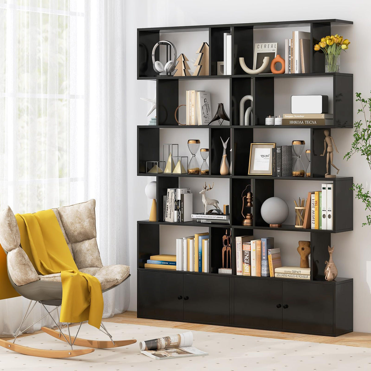 Tangkula Geometric S-Shaped Bookshelf with Cabinet - 6-Tier Freestanding Bookcase in Black for Home & Office Tangkula