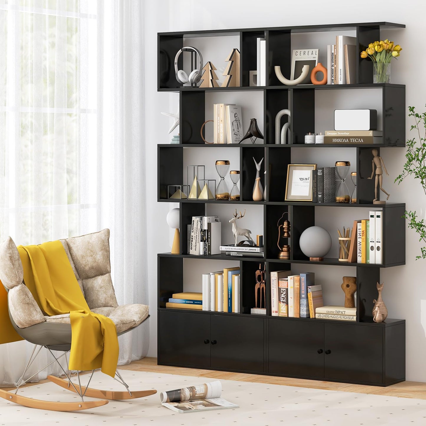 Tangkula Geometric S-Shaped Bookshelf with Cabinet - 6-Tier Freestanding Bookcase in Black for Home & Office - WoodArtSupply