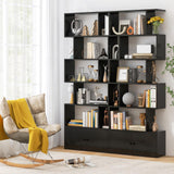 Tangkula Geometric S-Shaped Bookshelf with Cabinet - 6-Tier Freestanding Bookcase in Black for Home & Office Tangkula