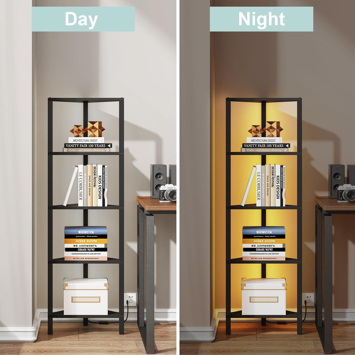 TUTOTAK Corner Shelf with LED Light, 5-Tier Corner Bookshelf for Small Space, Narrow Display Corner Shelf Stand with Storage Rack, for Living Room, Bedroom, Black BS05BK005L TUTOTAK