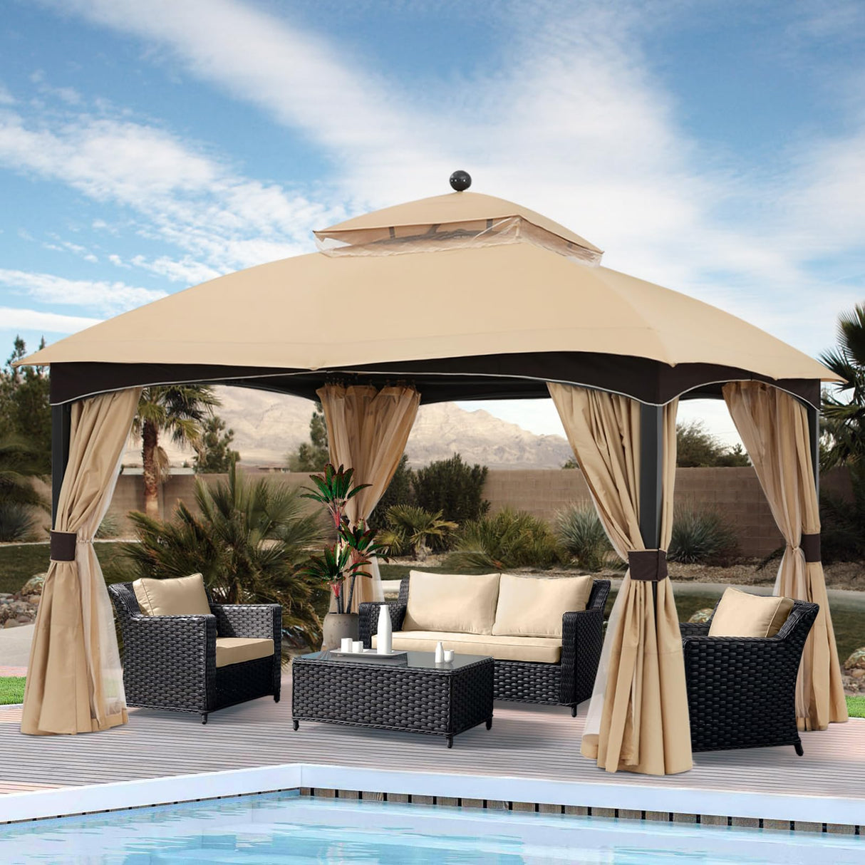 ABCCANOPY Outdoor Gazebo 11x13 with Netting - Double Roof Patio Gazebos for Backyard Garden Deck Lawn, Beige ABCCANOPY