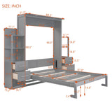 Merax Queen Size Murphy Bed, Wooden Queen Wall Bed with LED, Shelves and Drawers, for Small Room or Home Office, Gray Merax