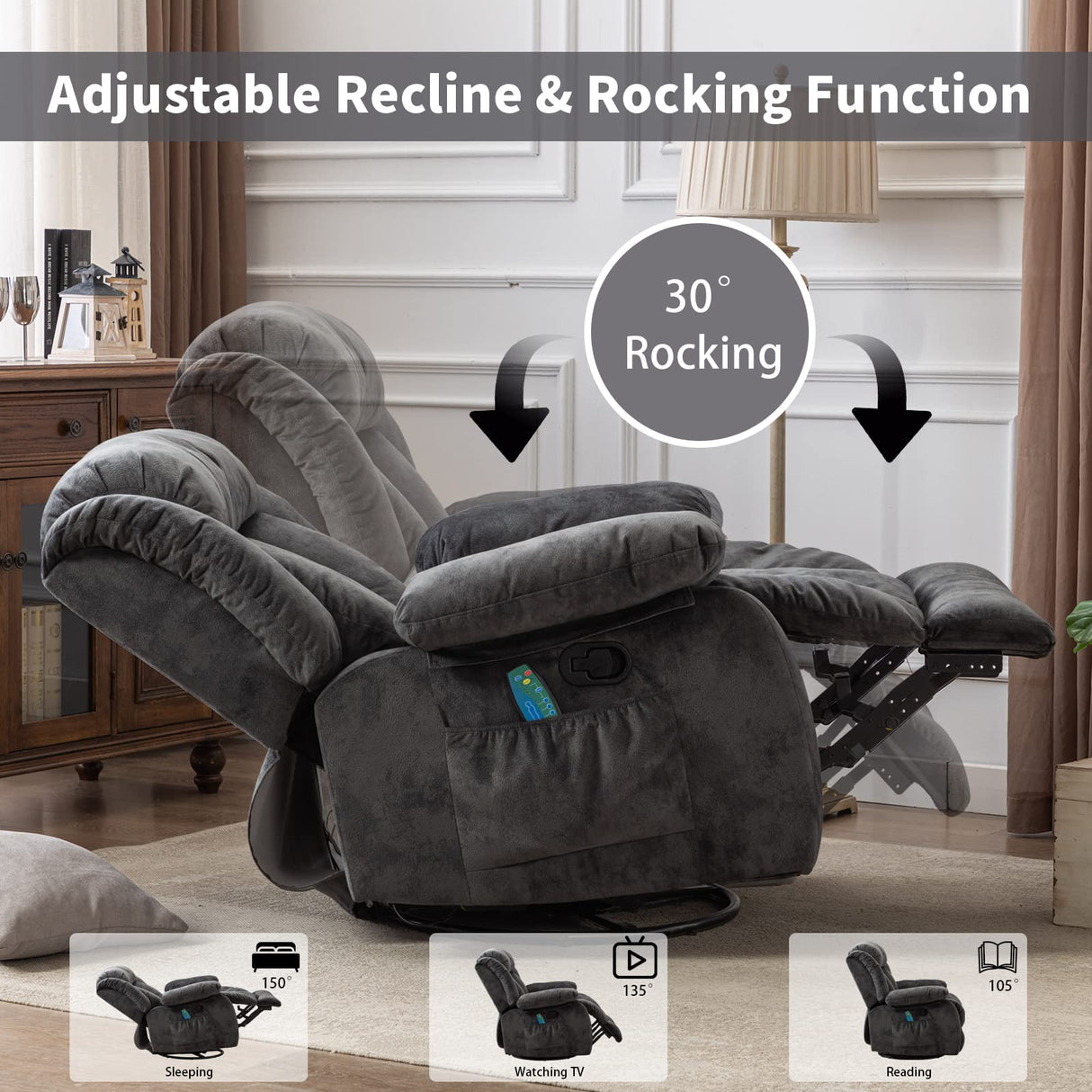 CANMOV Massage Swivel Rocker Recliner Chair with Heat and Vibration,360 Degree Manual Swivel Rocking Recliners with Side Pocket, Comfy Fabric Single Sofa Reclining Chair for Living Room, Grey CANMOV
