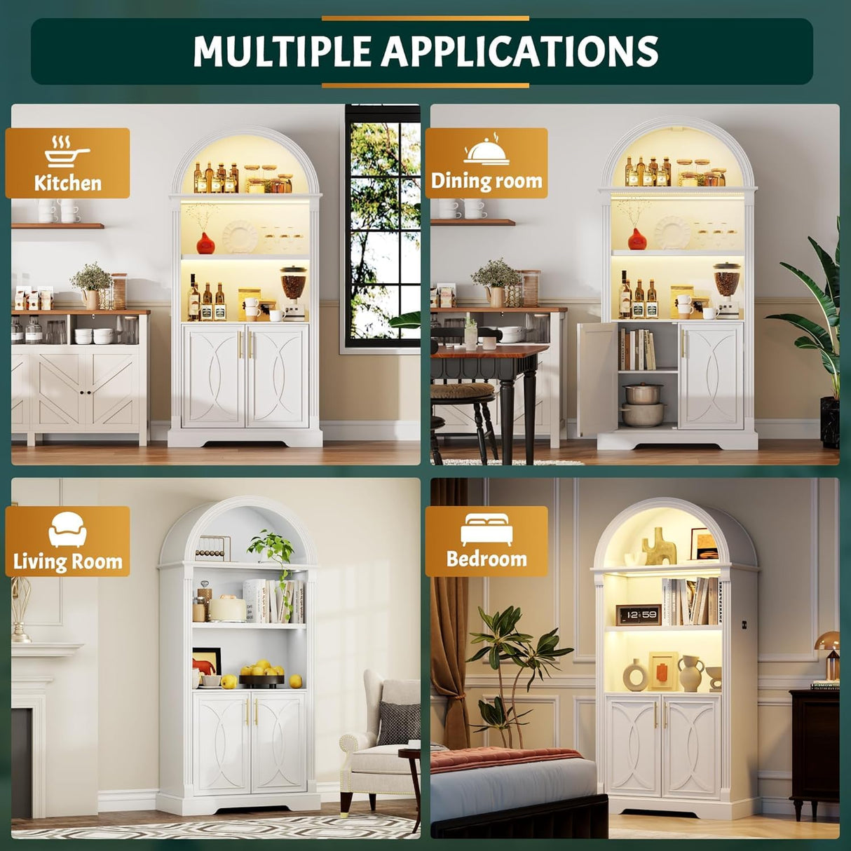 Vlsrka 71" Tall Arched Kitchen Pantry Cabinets, Wood Kitchen Storage Cabinets/Arched Bookshelf/Bookcase,China Cabinet with Open & Adjustable Shelves, Induction LED Light (White 2 PCS) Vlsrka