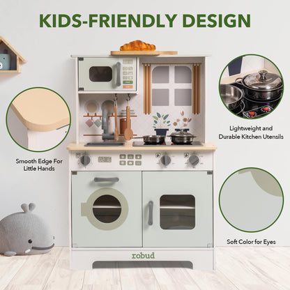 ROBUD Play Kitchen for Kids, Wooden Kids Kitchen Playset with Lights & Sounds, Pots, Cookware, Pretend Kitchen Gift for Boys Girls, Green Modern Look, Age 3+