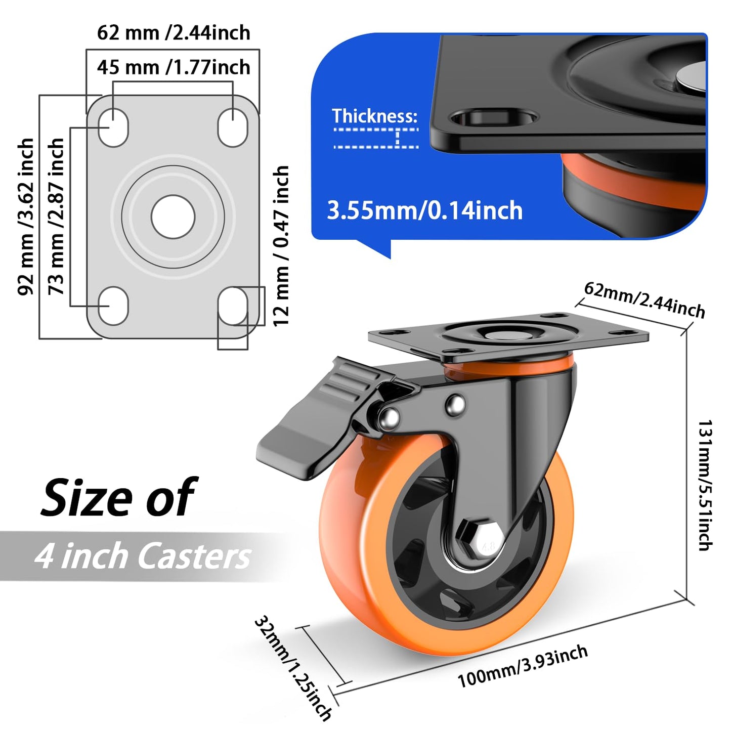 4 inch Casters Wheels, Heavy Duty Casters Set of 4 Load 2200lbs with Brake, Locking Swivel Plate Caster, Industrial Castor Wheels for Carts,Furniture and Workbench(Free Screws and Spanner)