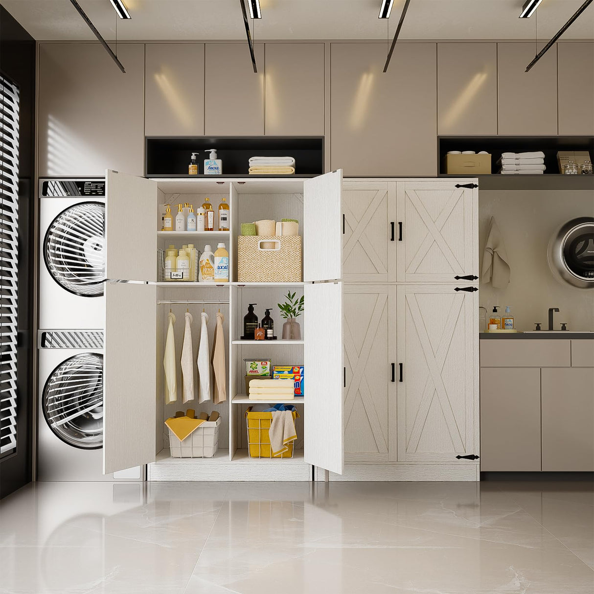 Unikito 71'' Farmhouse Wardrobe Closet with Hanging Rod, 4 Barn Door Clothing Storage Cabinet with Adjustable Shelves, Freestanding Wardrobe Cabinet for Bedroom Living Room Office, White，2 Pack Unikito