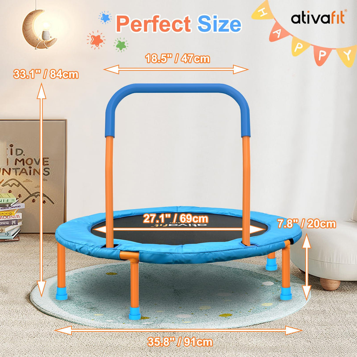 Ativafit 36inch Mini Toddler Trampoline for Kids Ages 1-6 Indoor Outdoor Folding Small Rebounder Trampoline with Foam Handle Safety Padded Cover Fun for Kids ATIVAFIT