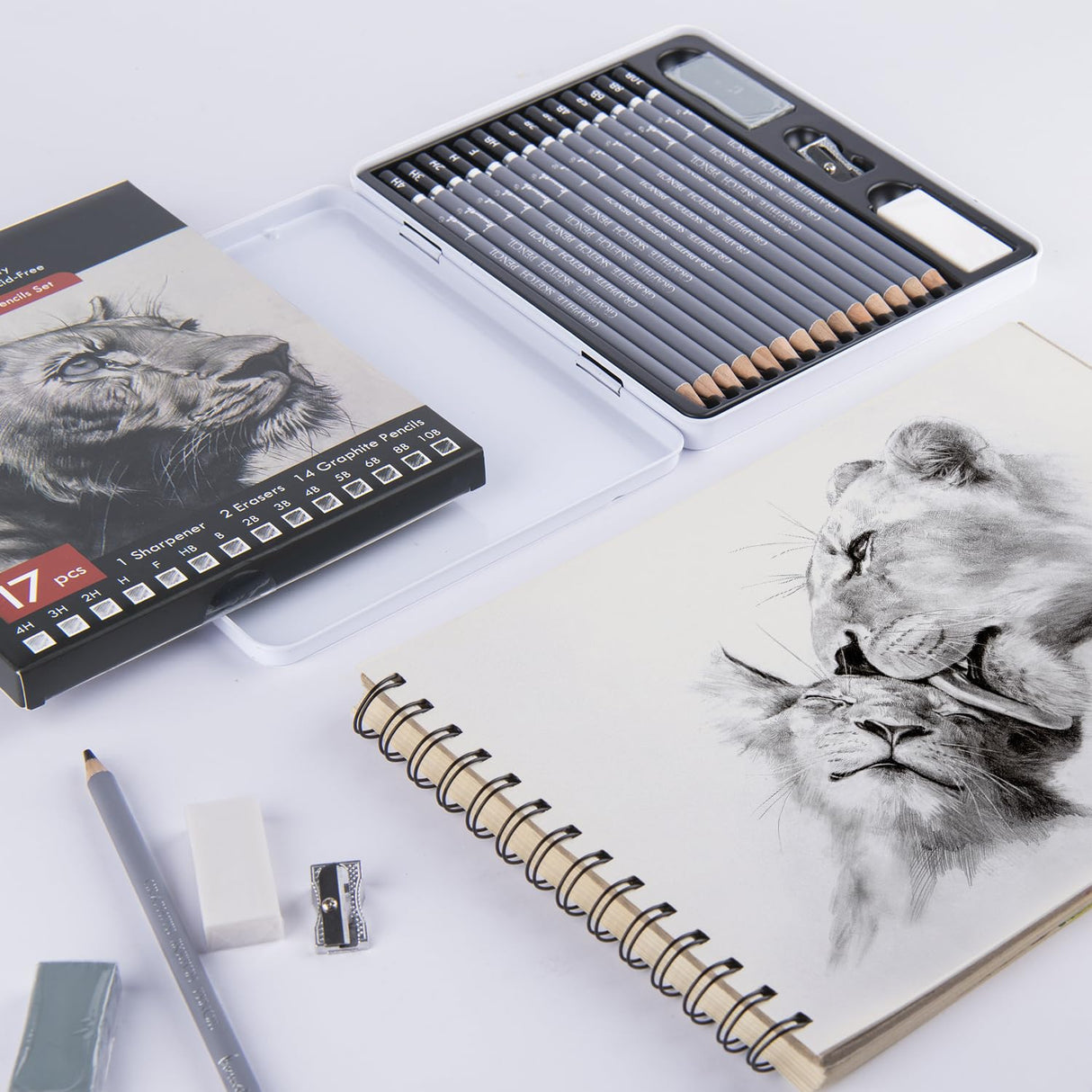 Brusarth Professional Sketch Pencils for Drawing Set - Graphite Pencils (4H-10B), Graphite Sticks, Erasers and Sharpener, Art Pencils for Sketching- Ideal for Artists and Beginners,17Pcs Brusarth