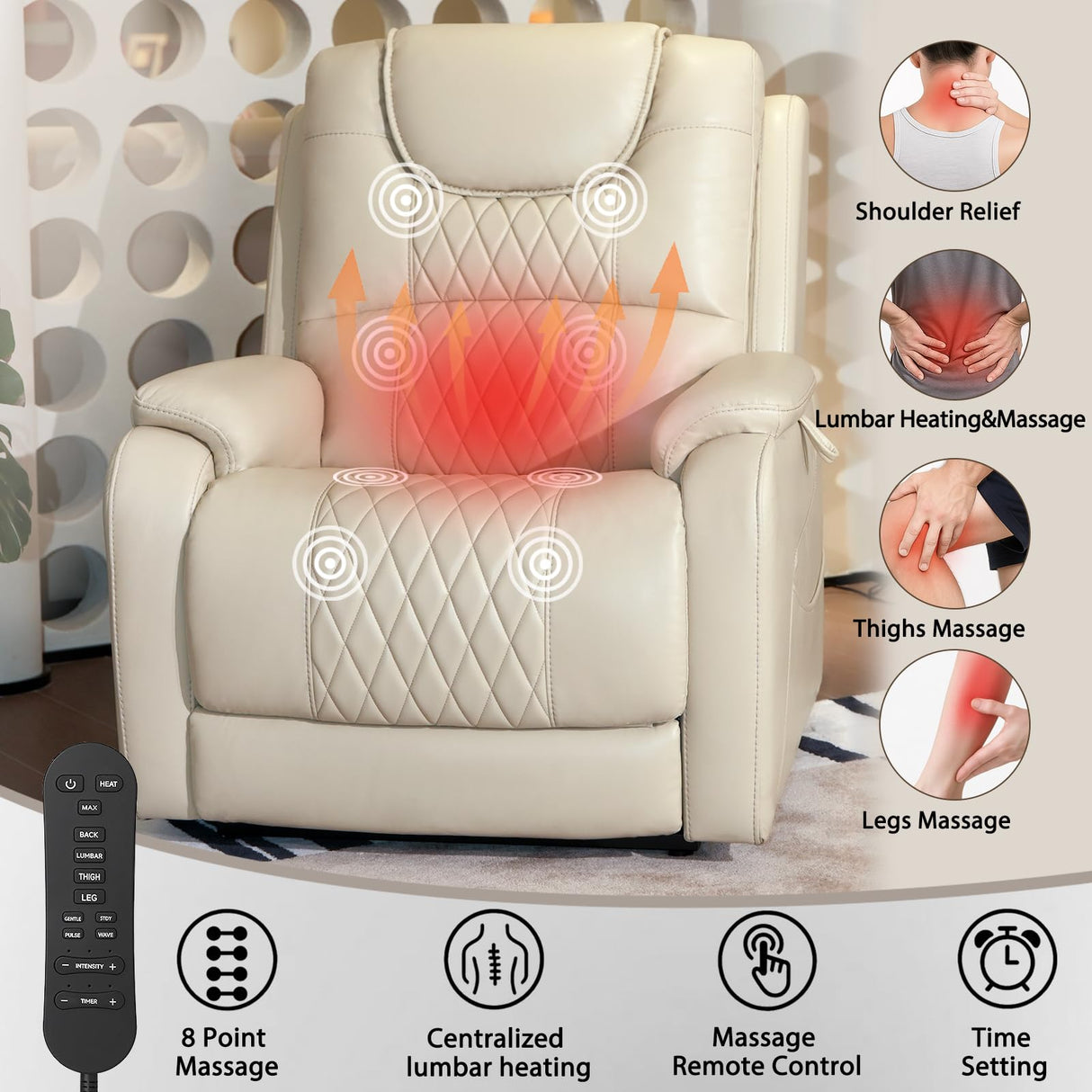 EONIX Triple Motor Lay Flat Power Lift Recliner Chair for Elderly with Massage, 400lbs Electirc Lift Chair for Living Room, Independent Adjustable Backrest Headrest, Extended Footrest, Cream White EONIX