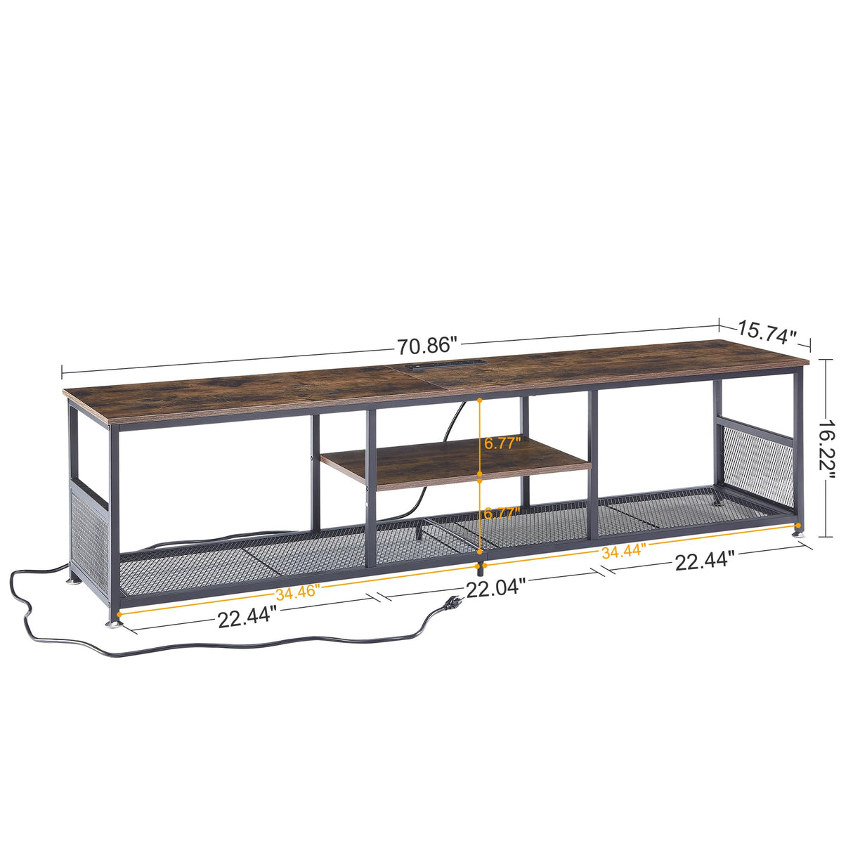 VECELO TV Stand with Power Outlets for Televisions up to 80 Inch,70" Media Entertainment Center with Charging Station 3-Tier Open Storage Shelves with Metal Frame for Living Room/Bedroom，Brown VECELO