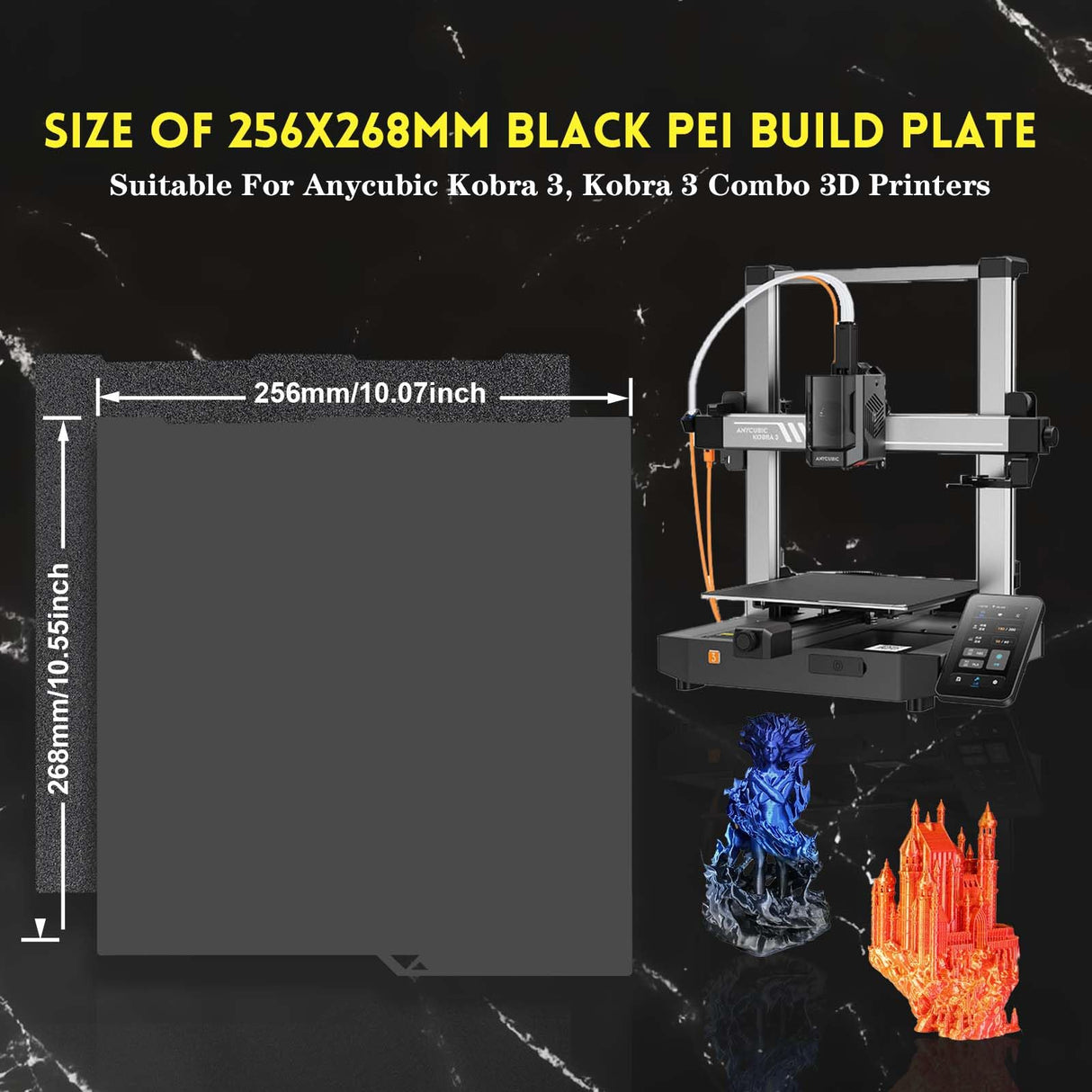 IdeaFormer-3D PEI Build Plate 256x268mm for Anycubic Kobra 3/Kobra 3 Combo, Smooth PEI+Textured PEI Spring Steel Bed Plate Excellent Adhesion 3D Printer Platform for Kobra 3 Series IdeaFormer-3D