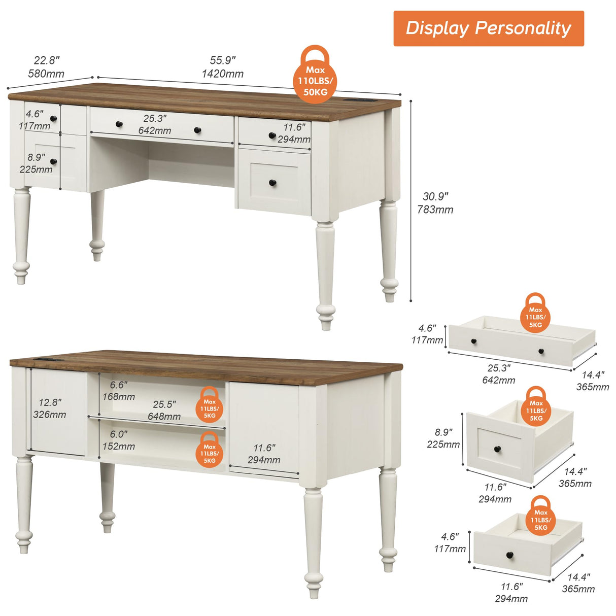 WAMAPT Farmhouse Executive Desk with 5 Drawers, Home Office Desk with Charging Station, Wood Computer Desk with File Cabinet Storage, Door, Open Shelf for Work and Study, White, 55 inch WAMPAT