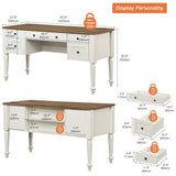 WAMAPT Farmhouse Executive Desk with 5 Drawers, Home Office Desk with Charging Station, Wood Computer Desk with File Cabinet Storage, Door, Open Shelf for Work and Study, White, 55 inch WAMPAT