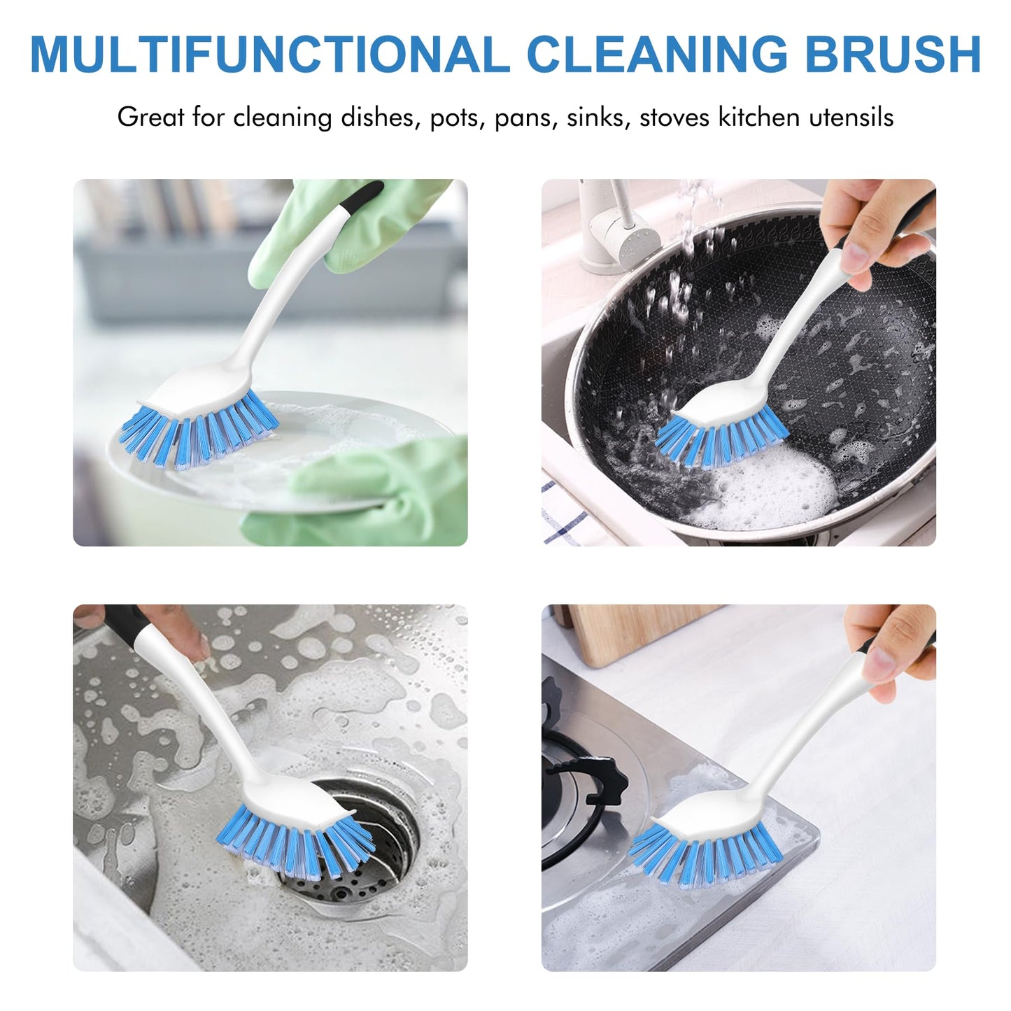 SetSail Dish Brush with Handle, 2 Pack Stiff Bristles Dish Scrubber with Built-in Scraper Dish Scrub Brushes for Cleaning Dishes, Pots and Pans, Kitchen Sink