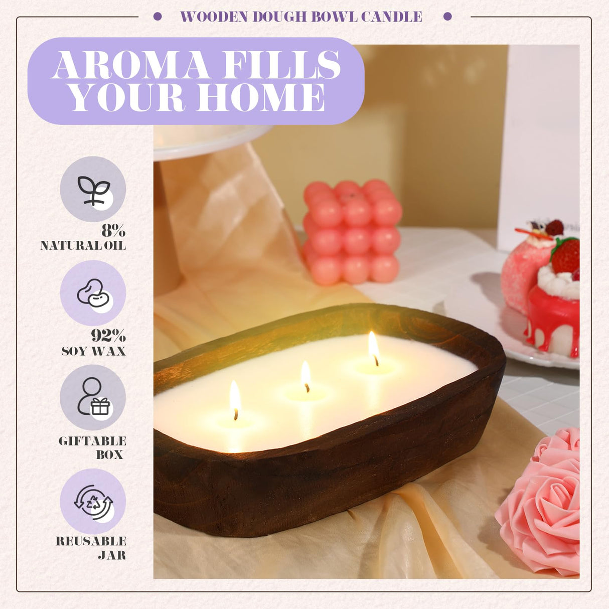 Threlaco 2 Pack 10 Inch Wood Dough Bowl Candle Candle Decorative with Wick Scented Candles Soy Gifts for Men Women Farmhouse Table Centerpiece Home(Lavender) Threlaco