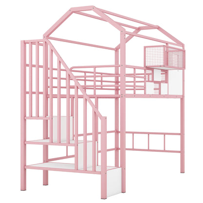 SOFTSEA Loft Bed Twin Size with Stairs & a Storage Box, House Shaped Stairway Metal Loft Bed with Guardrail & Roof Design, Pink