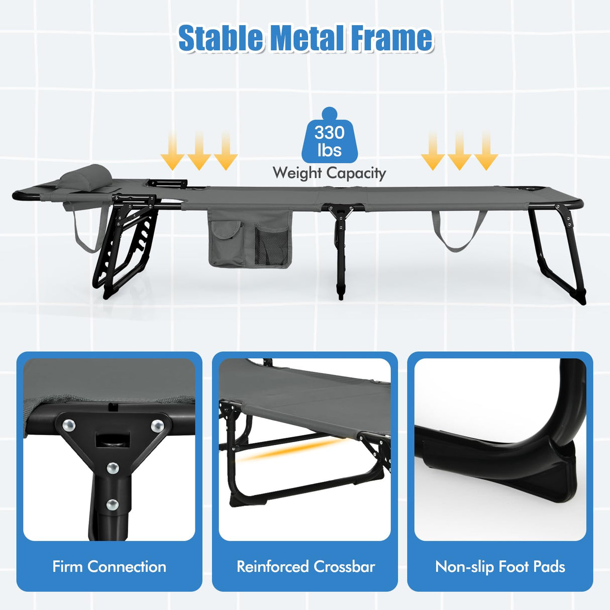 COSTWAY Folding Beach Lounge Chair, Tanning Chair with Face Hole, 5-Position Adjustable Backrest, Pillow & Side Pocket, Foldable Chaise Lounge Chair Outdoor for Sunbathing, Camping (1, Grey) COSTWAY