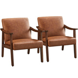 Yaheetech PU Leather Accent Chair, Mid-Century Modern Armchair with Solid Wood Legs, Reading Leisure Chair with High Back for Living Room Bedroom Waiting Room, Set of 2, Brown Yaheetech
