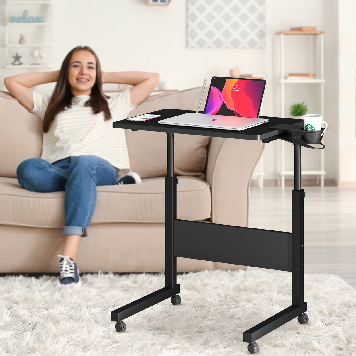 Klvied Standing Desk Adjustable Height, Stand Up Desk with Cup Holder, Portable Laptop Desk, Mobile, Small Computer Desk, Bedside Table, Black Rolling Desk, Work Desk for Home Office Klvied