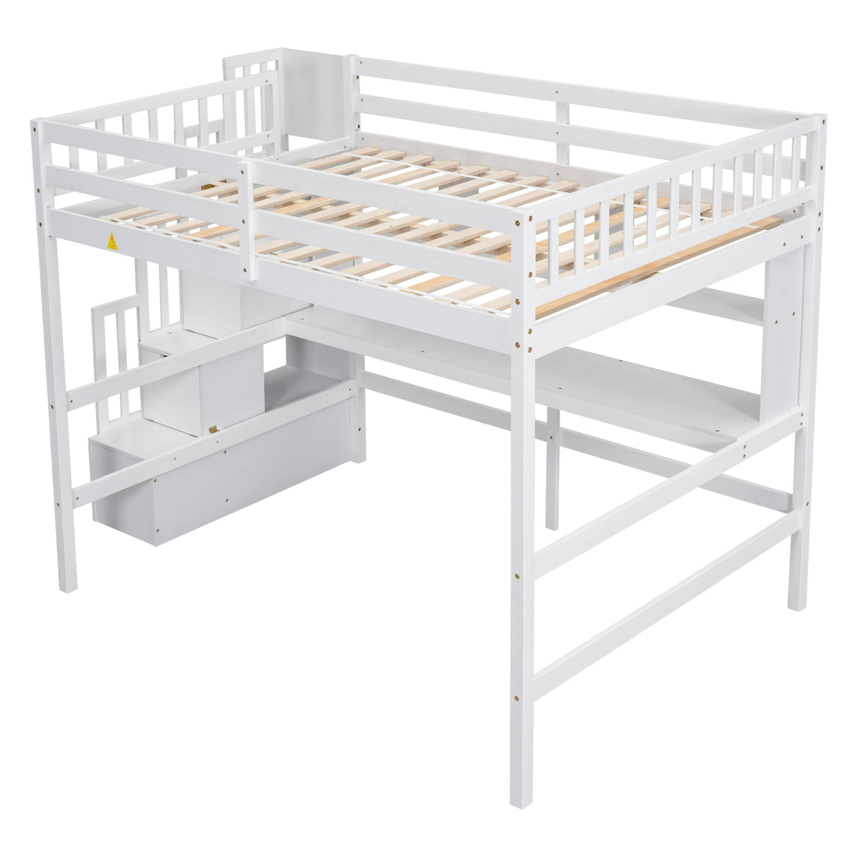 Full Size Loft Bed with Desk and Storage Shelves,Solid Wood Loft Bed Frame with Storage Staircase,High Loft Bed Full Size with Stair for Kids,Teens, Adults,White Bellemave