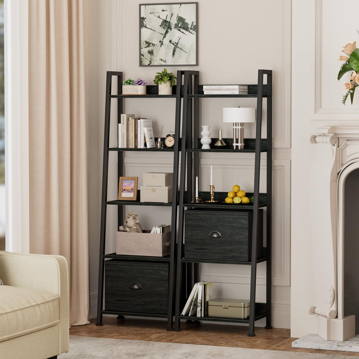 Furologee 5-Tier Ladder Shelf, Narrow Ladder Bookshelf with Drawer, 55.6”Tall Industrial Bookcase Storage Rack Organizer, Freestanding Storage Shelve for Living Room, Home Office, Bedroom, Black Oak Furologee