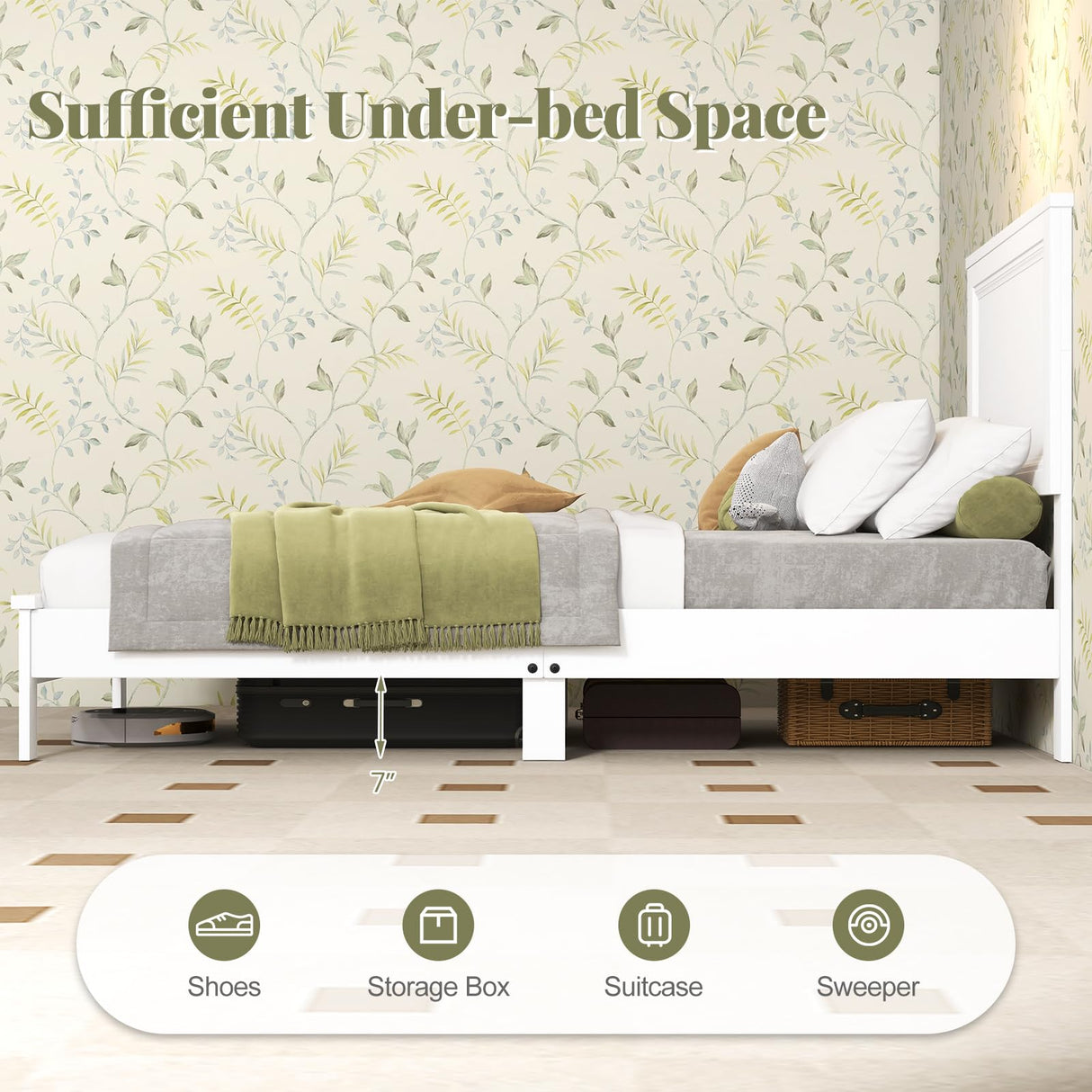 Giantex Wood Twin Bed Frames with Headboard, Mid Century Platform Bed Frame with Solid Wood Legs & Wooden Slat Support, Twin Bed Frames for Kids Adults, White Bed Giantex