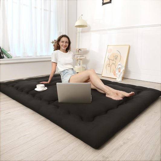 Foredawn Japanese Floor Mattress 60"x 80"Queen Size Futon Mattress, 2.5" Thicken Tatami Mat Sleeping Pad Foldable Roll Up Mattress Boys Girls Dormitory Mattress, Black