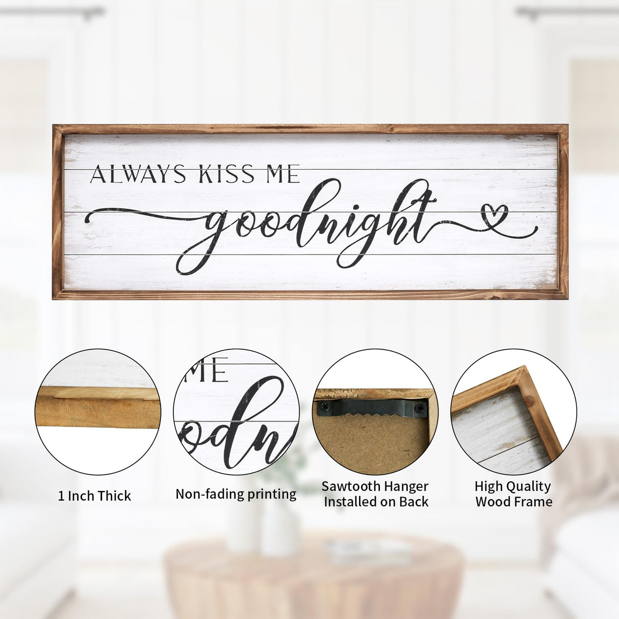 UPPER DECOR Large Above Bed Wall Decor Bedroom Sign Bedroom Decor with Solid Wood Frame for Couples, Always Kiss Me Goodnight Sign for Bedroom, Love Theme Wall Decor 42''×15'' UPPER DECOR