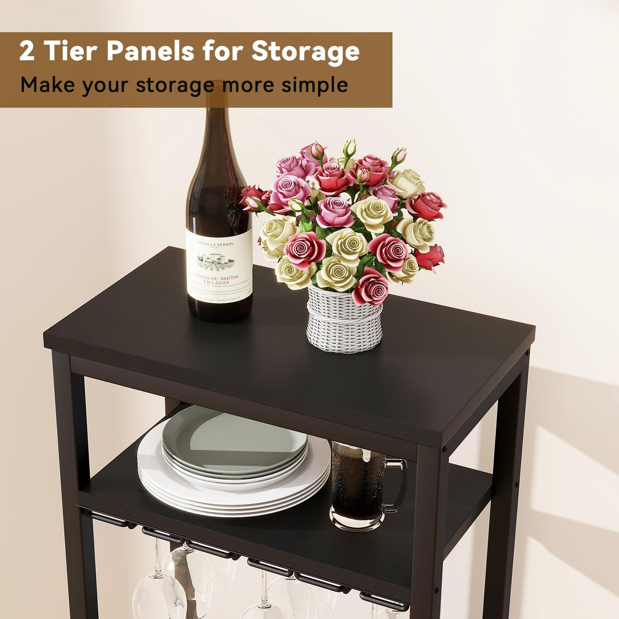 IBUYKE Wine Racks Freestanding Floor,Liquor Bottle Holder,16 Bottles Wine Cabinet with Glass Holder,Wine Holder Display,Mini Wine Bar Table for Living Room,Kitchen Pantry,Dining Room,Black UTMJ907B IBUYKE