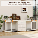 Dog Crate Furniture - Farmhouse Wooden Dog Kennel with Double Sliding Barn Doors & 3 Drawer, 95”x23”x32”H, White MOWPEX