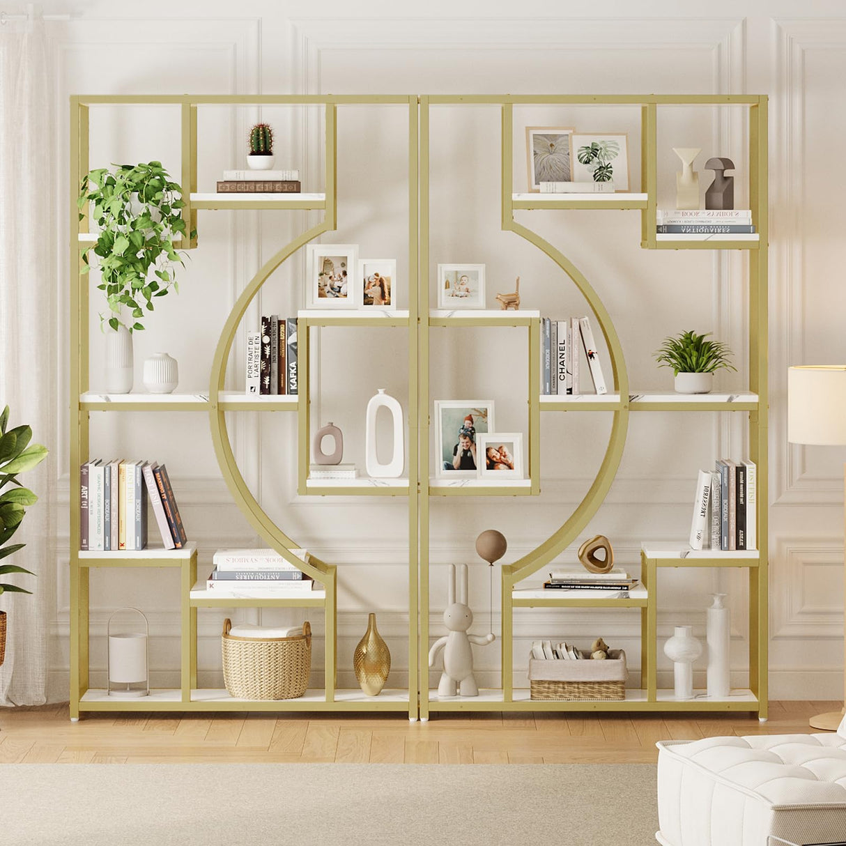 Modern Book Shelf, White and Gold Bookshelf, 70.8 Inch Tall Etagere Bookcase, Set of 2 Geometric Display Shelves for Living Room, Bookcases/Bookshelf with Metal Frame for Home Office HolliWill