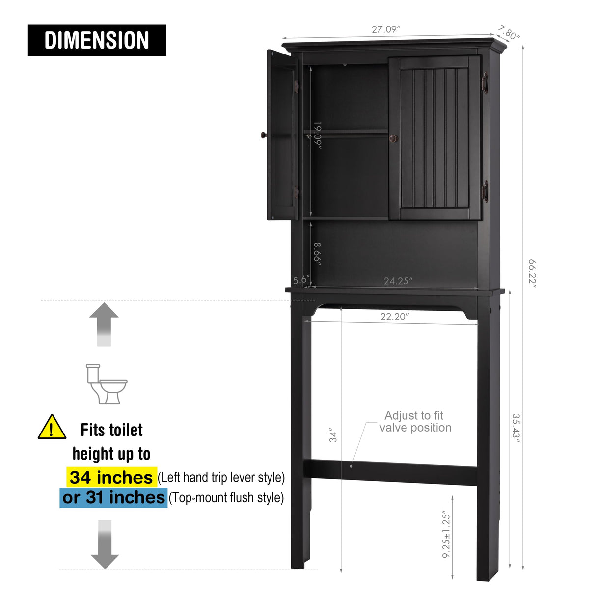 UTEX Bathroom Storage Over The Toilet, Above Toilet Storage Cabinet Organizer with Adjustable Shelves and Double Doors, Espresso UTEX