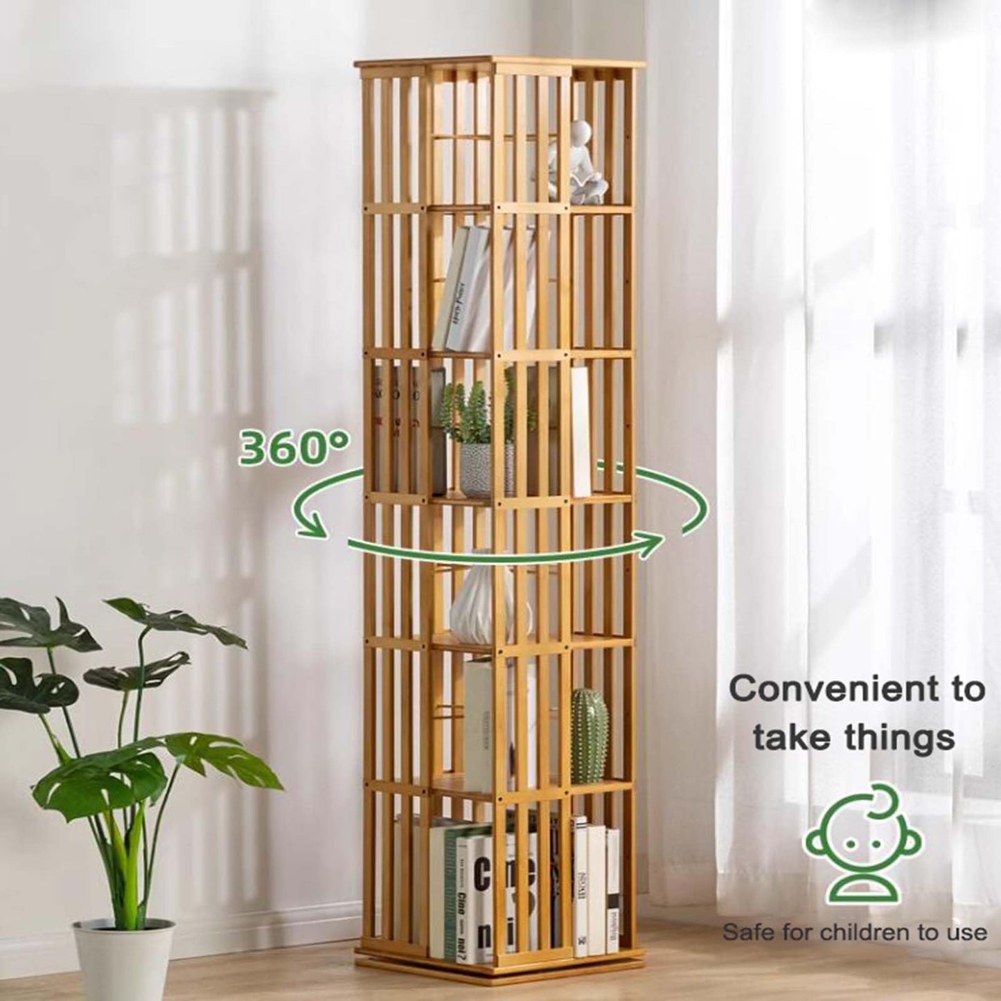 360° Rotating Bookcase, Floor Standing Bamboo Bookshelf, Book Storage Display Rack for Kids & Adult, Corner Simple Organizer 5/6 Tier (6 Layers)