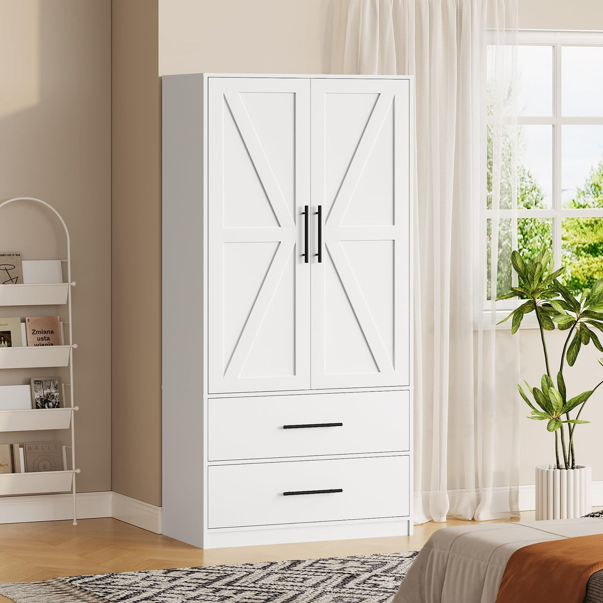 HOOBRO Armoire Wardrobe Closet with 2 Drawers, 70.9" Tall Wardrobe Cabinet with Hanging Rod, 2 Doors Bedroom Armoires, Farmhouse Clothing Storage Cabinet, Wooden Armoire for Bedroom, White HOOBRO