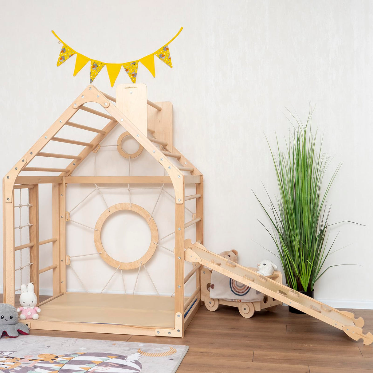 Woodandhearts Toddler Gym Playhouse, Indoor Playground, Toddler Playground, Montessori Climbing Set (Ramp, Natural Wood) Wood And Hearts