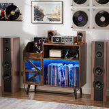 MULEJYBO Large Rustic Record Player Stand with Magnetic Door,350 Vinyl Record Storage Cabinet, Record Player Table with Power Outlet & LED Light,Turntable Stand with Wood Legs for Living Room,Office MULEJYBO